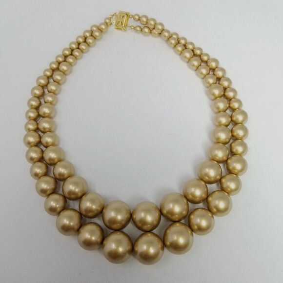 Vintage Two Strand Gold Tone Beaded Necklace, Graduated Size, Retro 60s Style - Picture 4 of 4